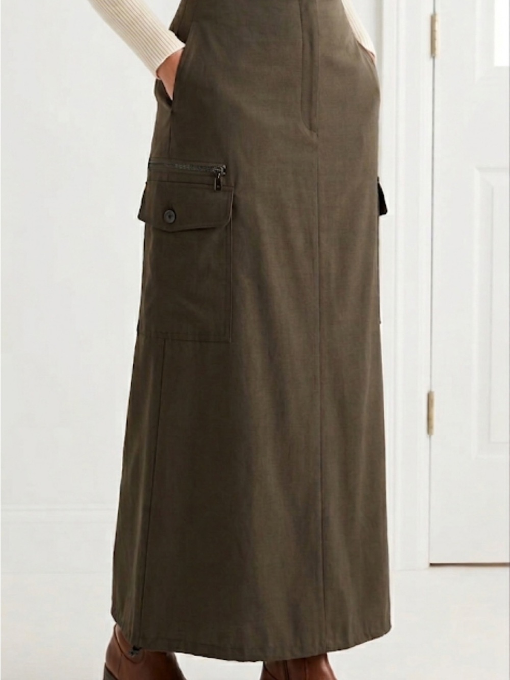 Anne Klein Cargo Maxi Skirt Olive Green Size 10 Utility Pocket Boho